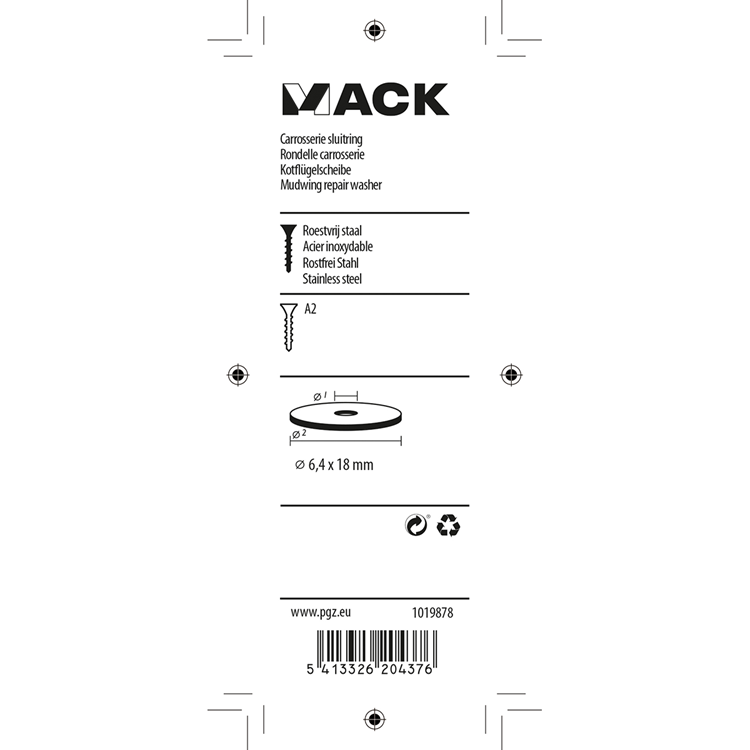 Mack 1019878 - kropsskive rustfrit stål a2 8 stk 6,4x18 | 10 stk