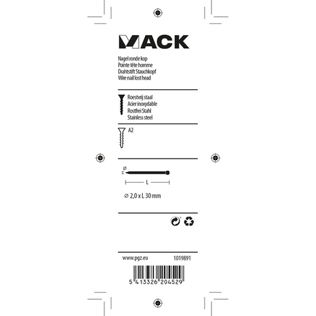 Mack 1019891 - nagel ronde kop inox a2 30st 2,0 x 30 mm | 10 stuks