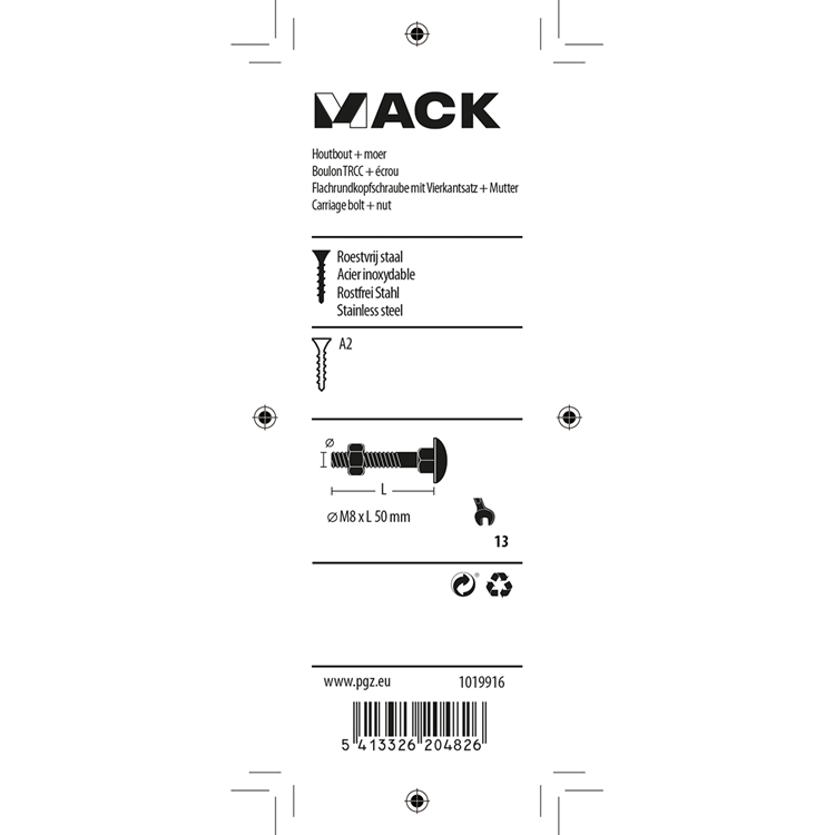 Mack 1019916 - træbolt + møtrik rustfrit stål 3 stk m8 x 50 mm | 5 stk