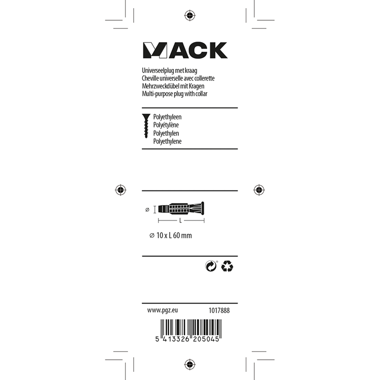 Mack 1017888 - universalstik med polyethylenkrave. 6 stk 10 x 60 mm | 5 stk
