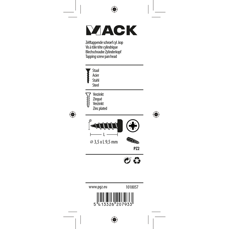 Mack 1018057 - selvskærende skrue cylinderhoved galv. 82 stk 3,5 x 9,5 mm | 10 stk