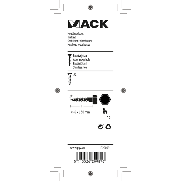 Mack 1020009 - trægevindbolt rustfrit stål 12 stk 6 x 50 mm | 5 stk