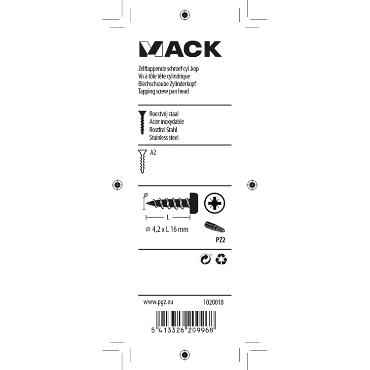 Mack 1020018 - selvskærende skrue cylinderhoved a2 40 stk 4,2 x 16 mm | 5 stk