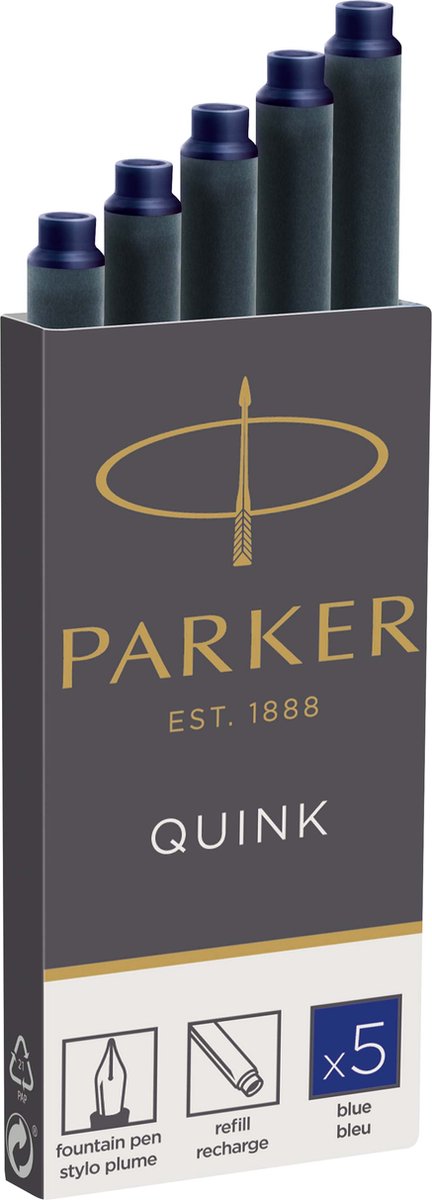 Parker lang fyldepen blækpatroner - blå quink blæk - 5 stk