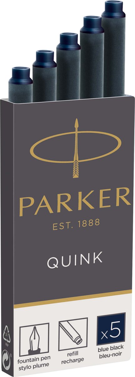Parker lang fyldepen blækpatroner - blå-sort quink blæk - 5 stk.