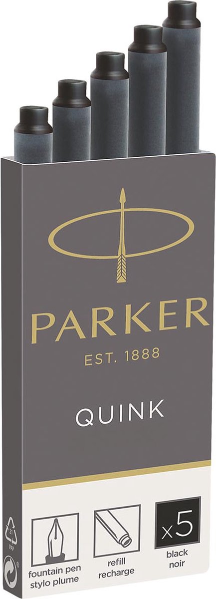 Parker lang fyldepen blækpatroner | sort quink blæk | 5 fyldepennepatroner