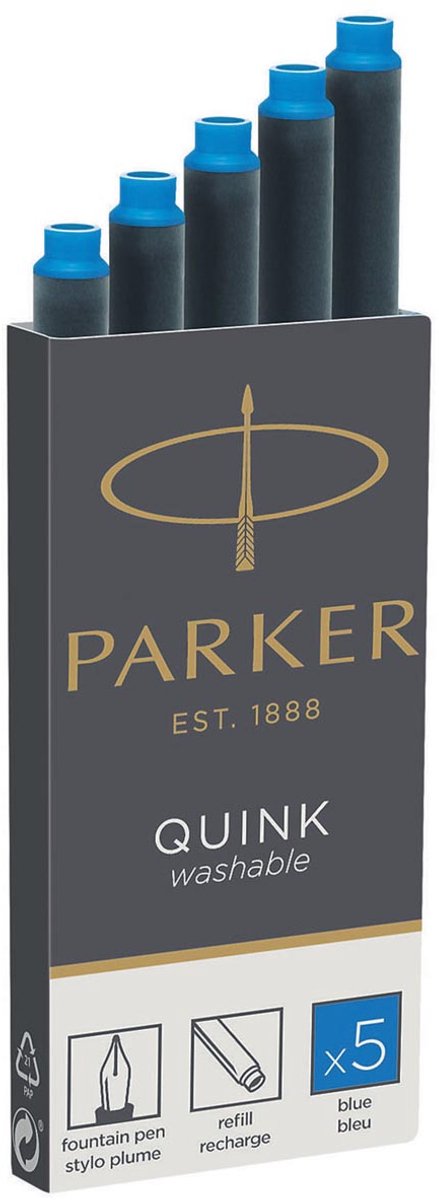 Parker lang fyldepen blækpatroner - blå blæk - vaskbar - 5 stk