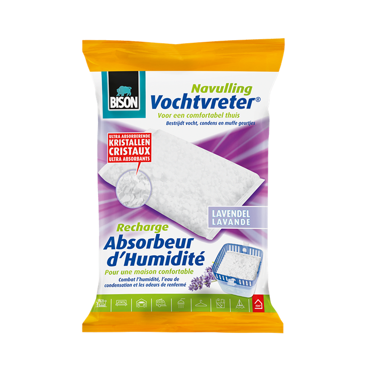 Bison moisture absorber® refill taske lavendel 450 g, lavendel duft, velegnet til moisture absorber®, bekæmp høj luftfugtighed, ingen batteri nødvendig, også velegnet til campingvogne og campister