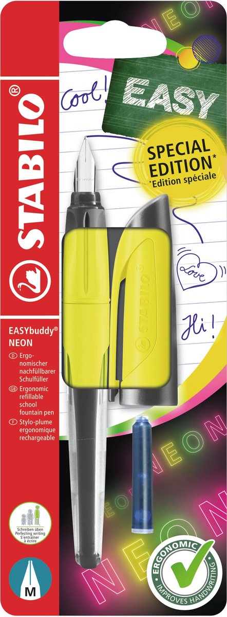 Stabilo easybuddy neon - ergonomisk fyldepen - gul - standard m nib til højrehåndede mennesker