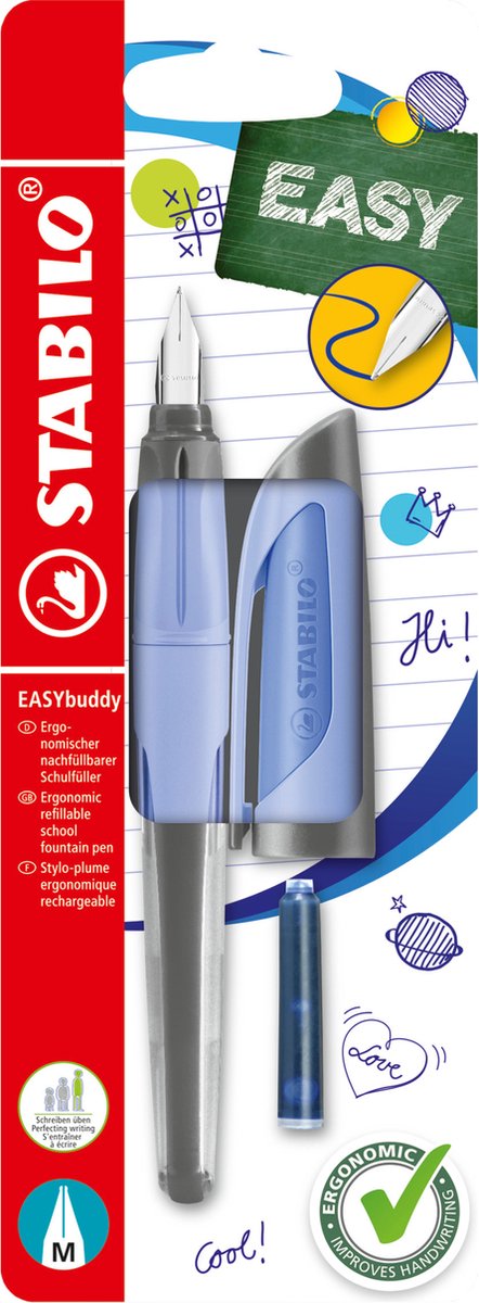 Stabilo easybuddy pastel - ergonomisk fyldepen - lyseblå - standard m nib til højrehåndede mennesker