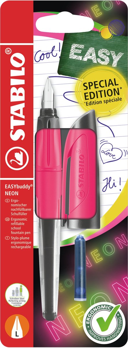 Stabilo easybuddy neon - ergonomisk fyldepen - pink - L-spids til venstrehåndede