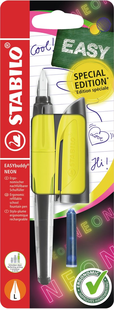 Stabilo easybuddy neon - ergonomisk fyldepen - gul - l nib til venstrehåndede