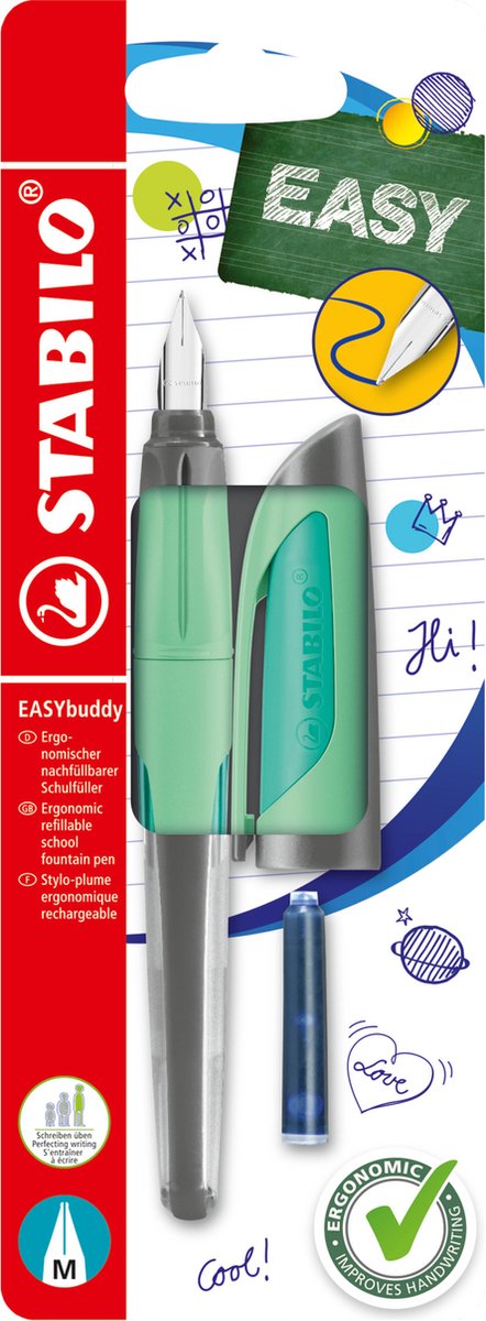 Stabilo easybuddy pastel - ergonomisk fyldepen - mint - standard m nib til højrehåndede
