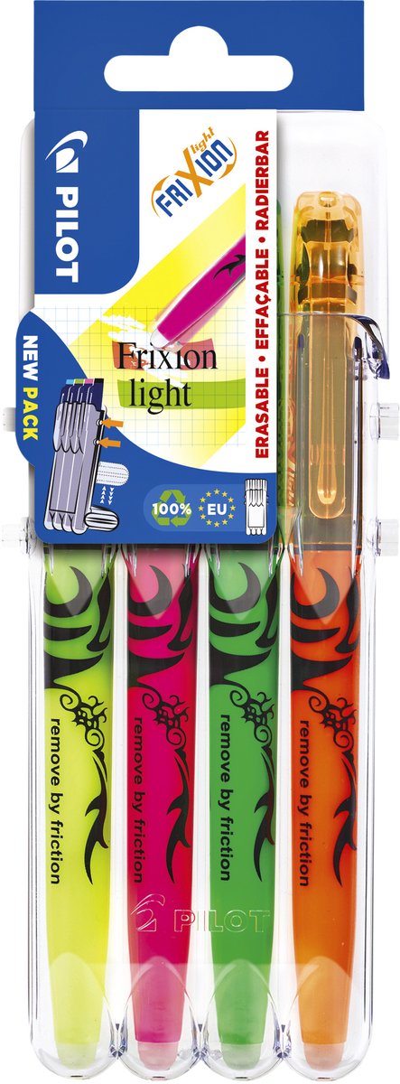 Pilot frixion - highlighters - grøn, orange, pink, gul - pakke med 4.