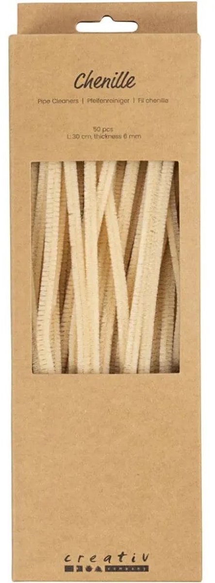 Creativ company chenille, l: 30 cm, tykkelse 6 mm, beige, 50 stk. 1 æske