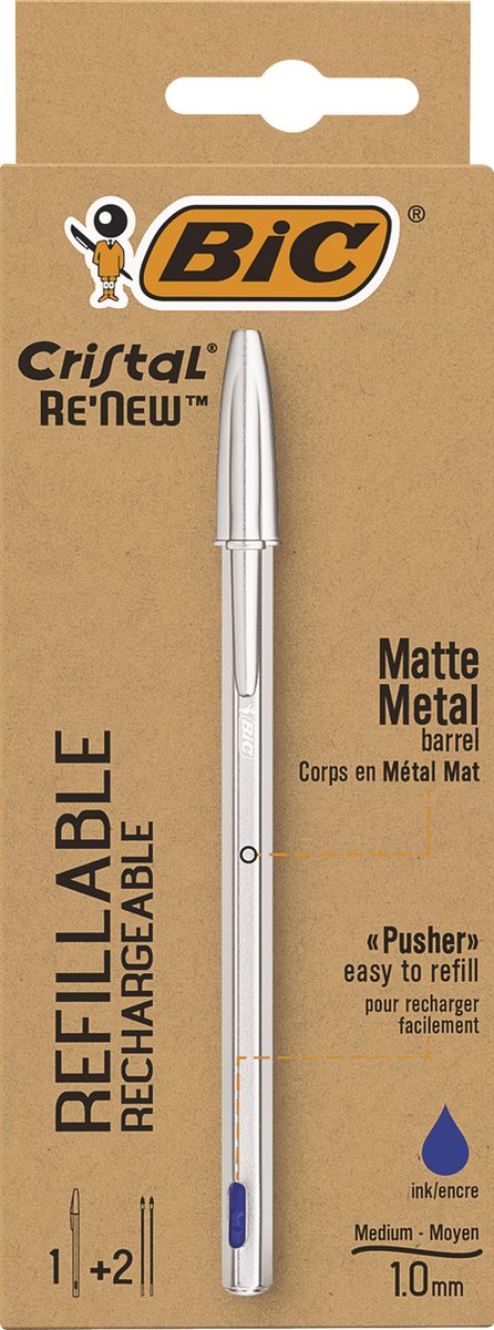 Bic kuglepen cristal re-new medium sølv + 2 blå refills