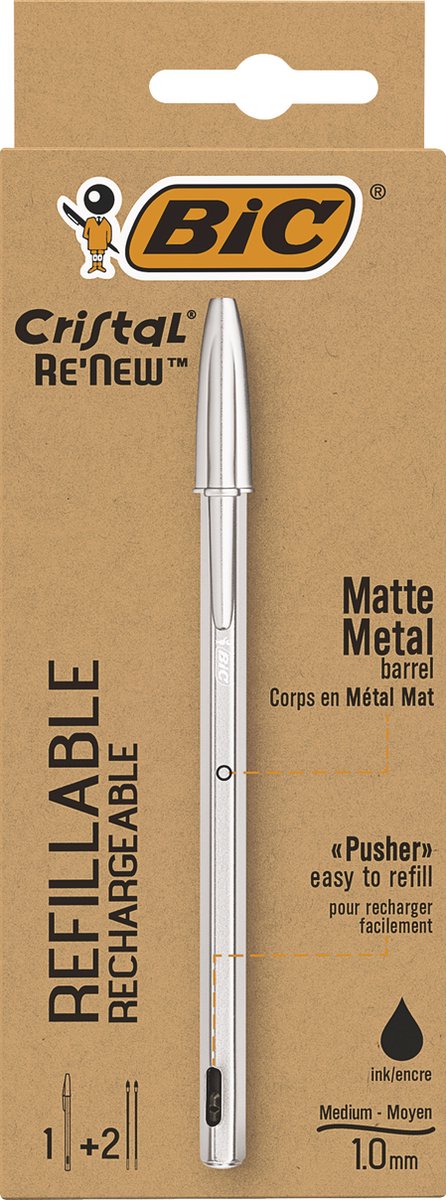 Bic kuglepen cristal re-new medium sølv + 2 sorte refills