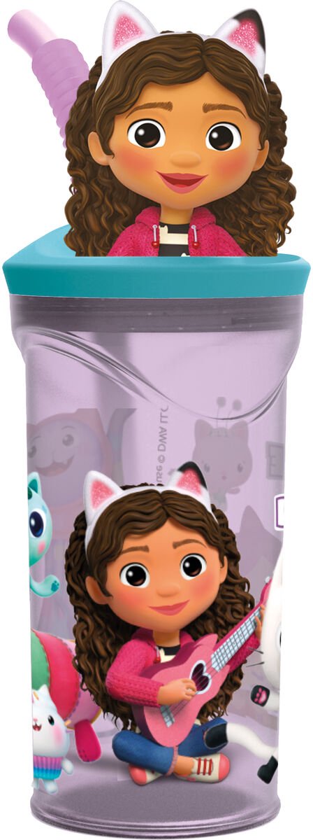 Stor Gabbys dukkehus drikkekop med sugerør – 360 ml – genanvendelig – med 3D figur – BPA-fri – tumbler til børn fra 4 år – gennemsigtig lilla
