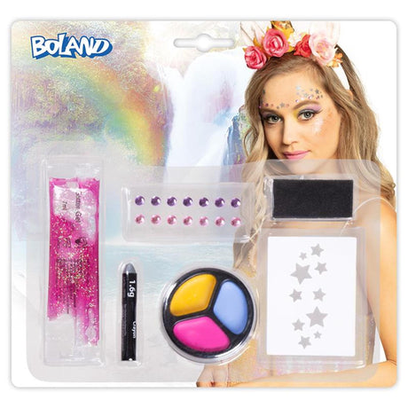 Boland make-up kit enhjørning (skabelon, klistermærkeark med 14 ædelsten, fedtmaling, glittergel og svamp)