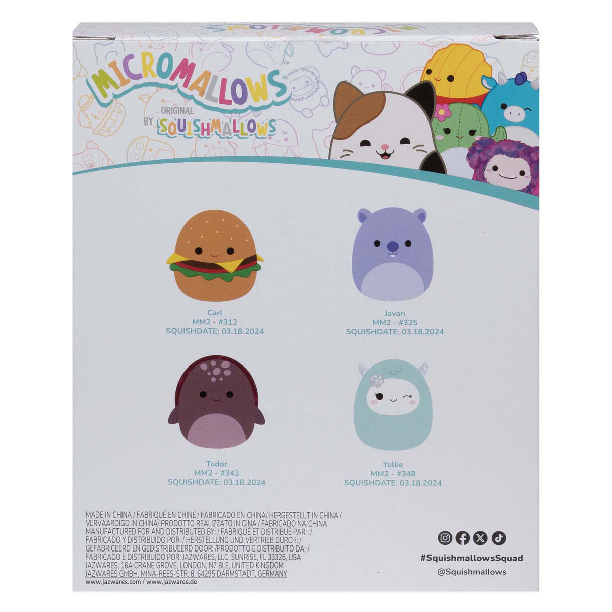 Squishmallows nuttede plysmikromallows - carl, yollie, javari, tudor, 4-pak