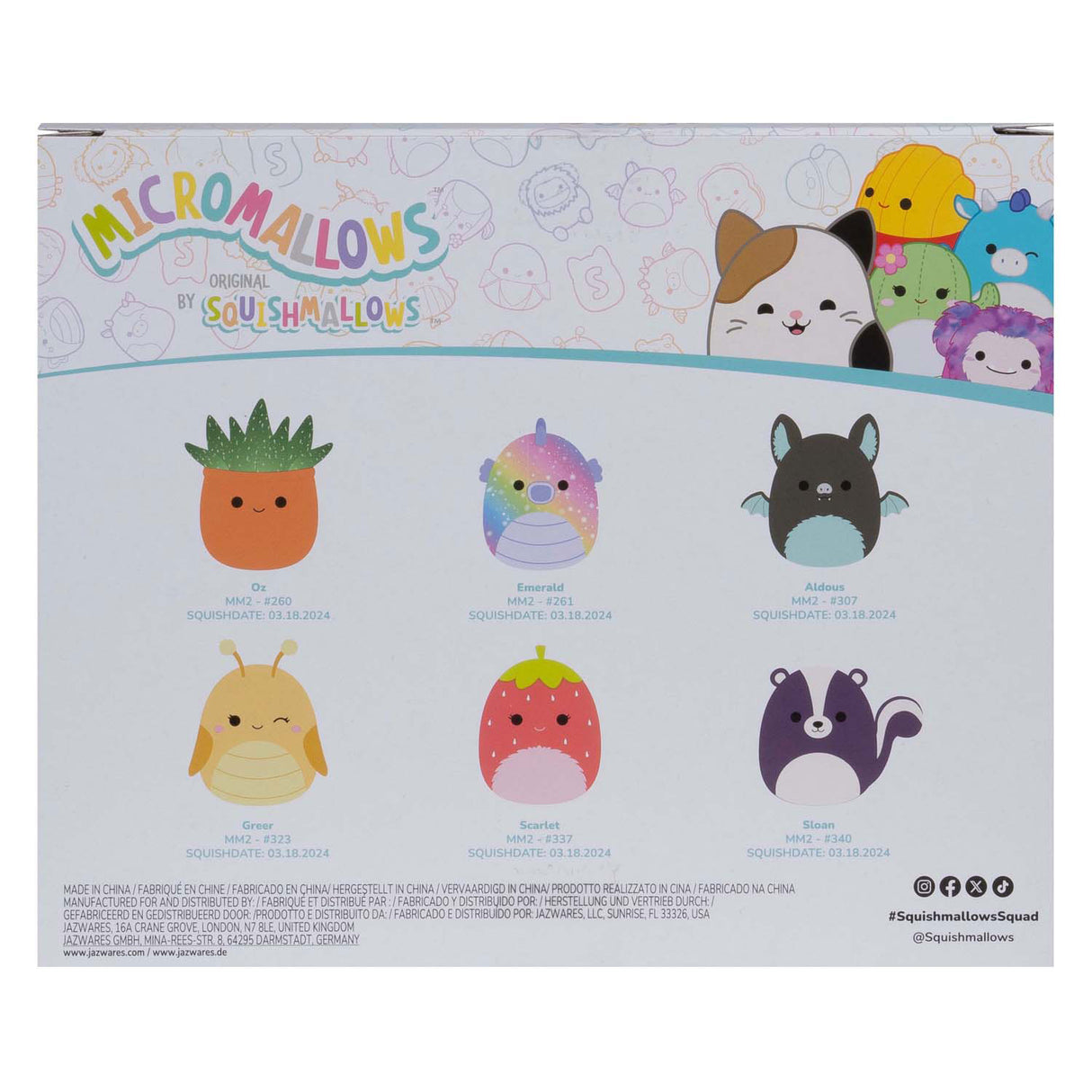 Squishmallows nuttede plysmikromallows - greer, sloan, smaragd, oz, skarlagen, ald, 6-pack