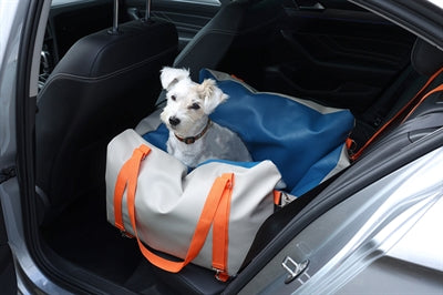 Hyggelig autostol rejsekurv hundekurv beige blå orange