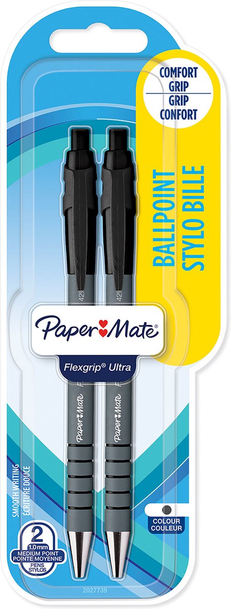 Paper mate flexgrip ultra kuglepenne med trykknap | mellempunkt (1,0 mm) | sort | 2 stk