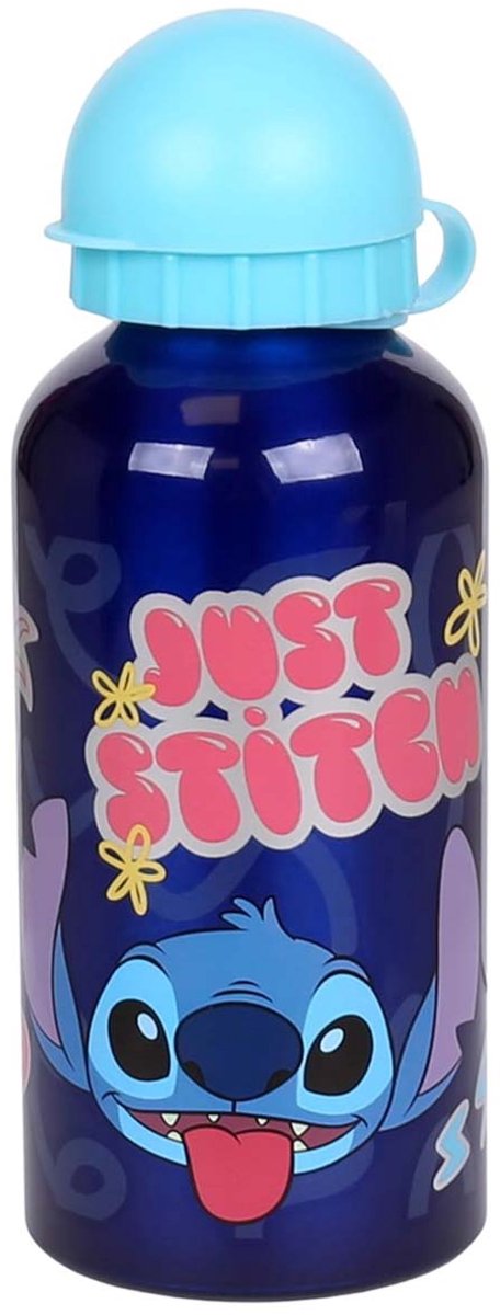 Stor Disney's Stitch aluminium drikkeflaske - 400 ml - letvægts - lækagesikker skruelåg - drikkedunk til børn - mørkeblå lyseblå