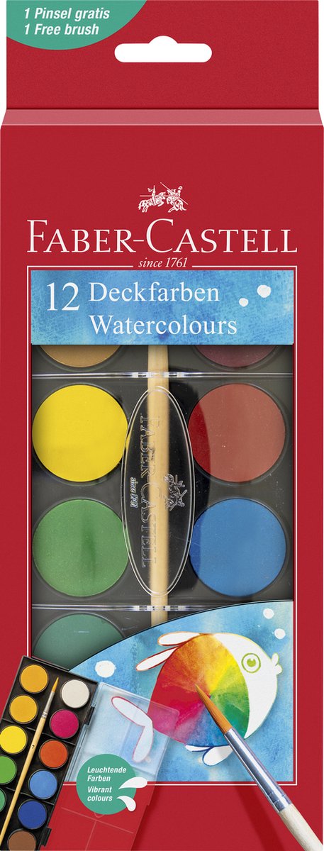 Faber-castell akvarel æske - 12 farver + pensel - pande 30 runde - fc-125018