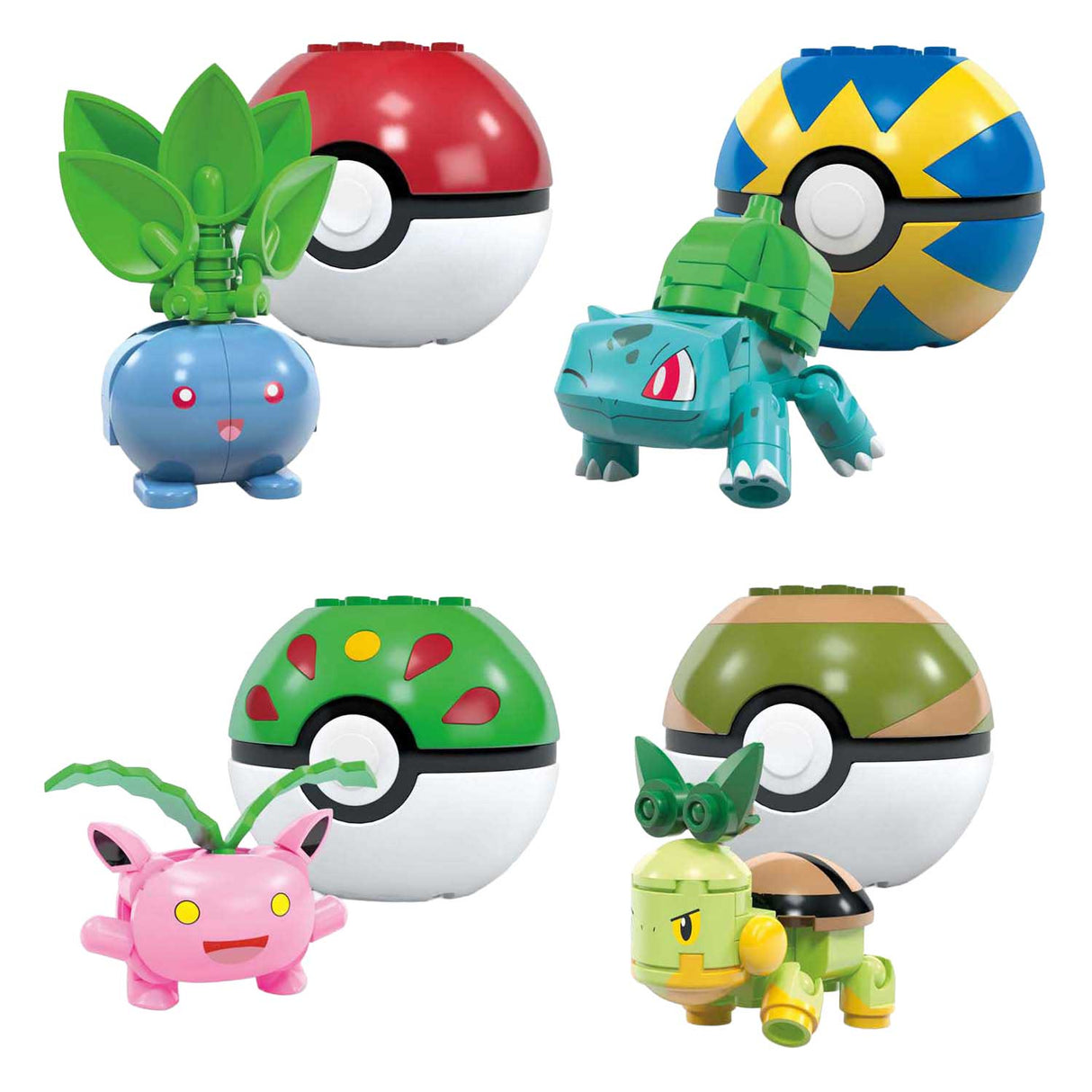 Mega Bloks Mega Construct Pokémon byggesæt - Bulbasaur, Turtwig, Hoppip og Oddish
