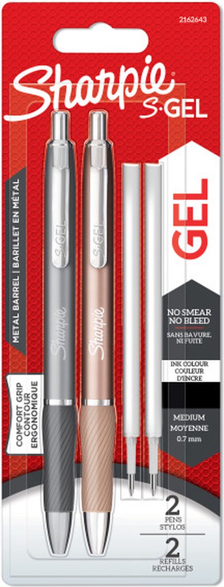 Sharpies gel | metal gel penne | mellempunkt (0,7 mm) | stålgrå og rødguld | sort blæk | 2 penne og 2 gelpen refills