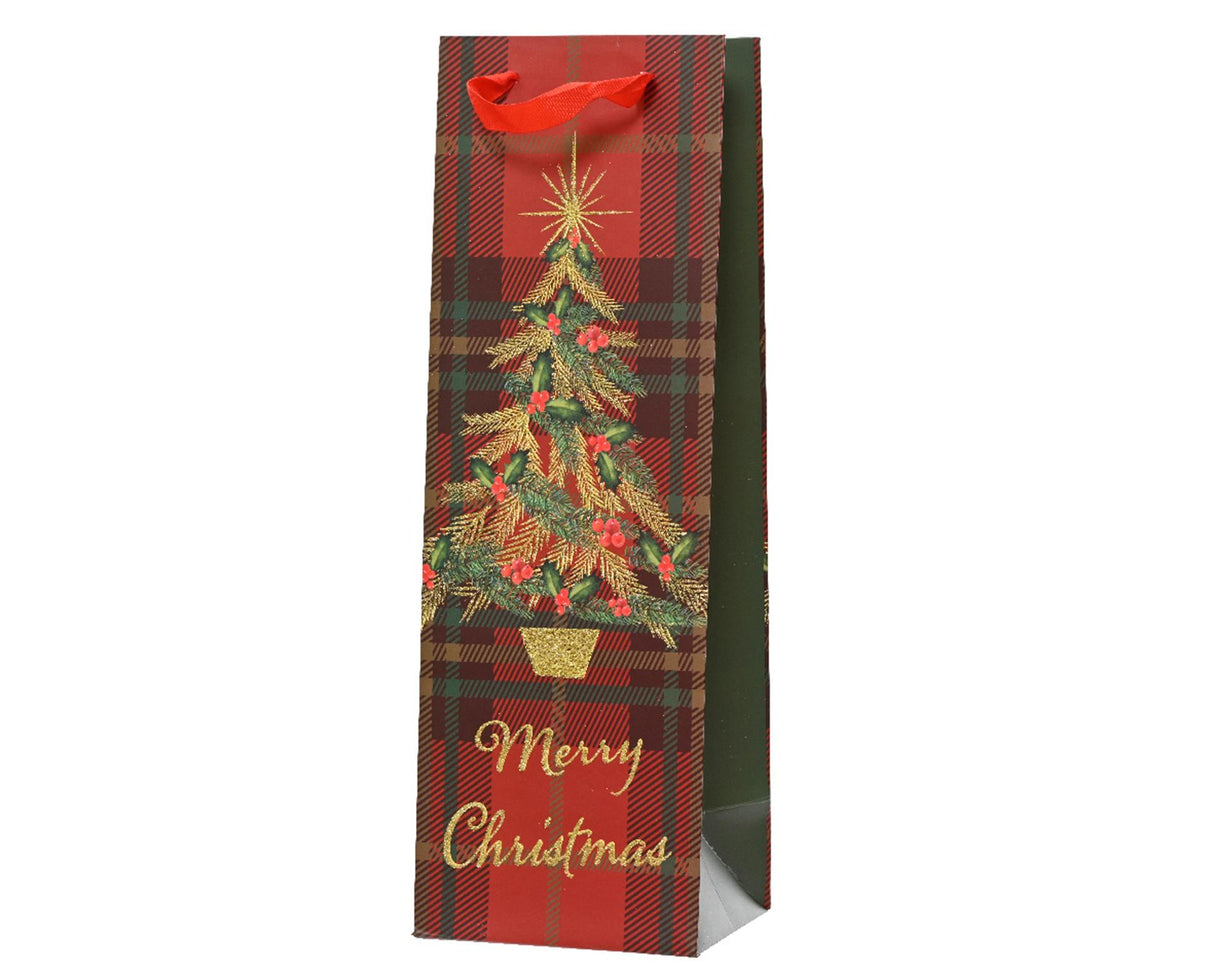 Decoris vinflaske gavepose Juletræ rød lavet af 100% FSC papir 10x12x36cm