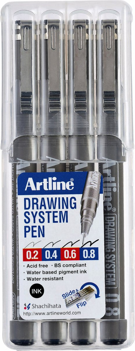 Artline tegnesystem - 1 x sæt med 4 fineliners - 0,2-0,4-0,6-0,8 mm stregbredder - sort