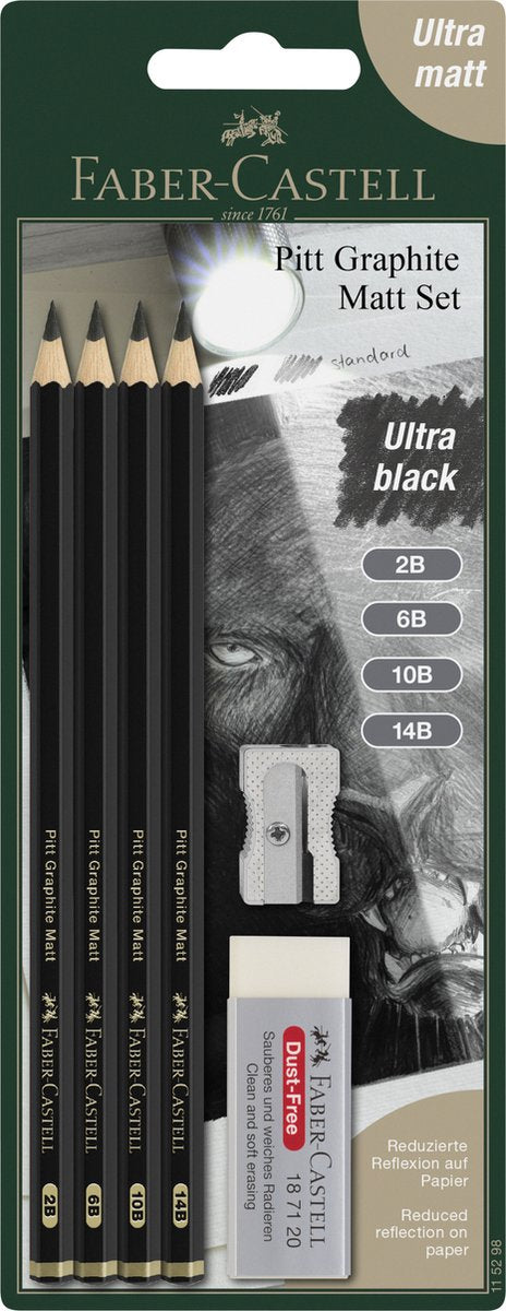 Faber-castell grafit blyanter sæt - pitt mat - 4 stk 2b-6b-10b-14b med tilbehør - fc-115298