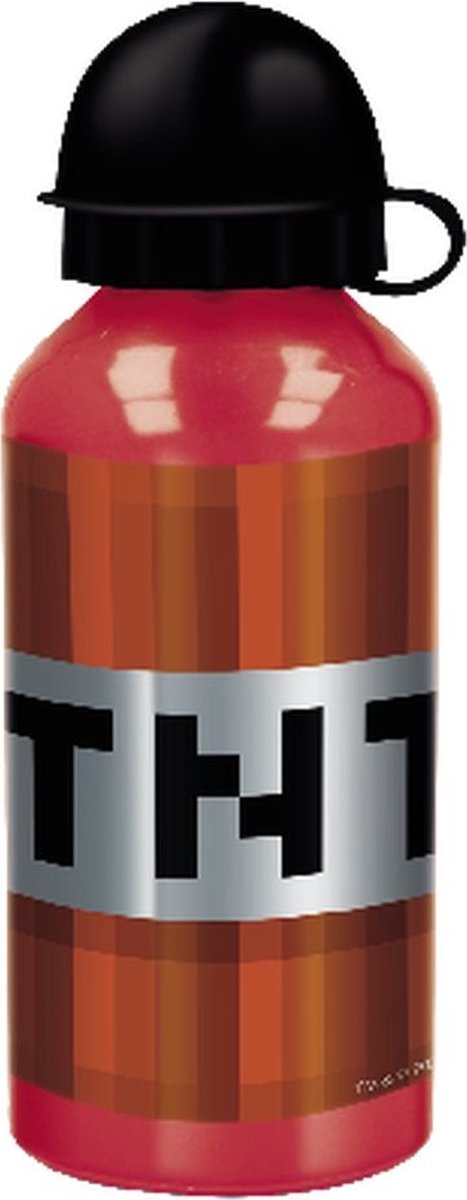 Stor minecraft drikkeflaske i aluminium - 400 ml - letvægts - lækagesikker skruelåg - drikkedunk til børn - rød sort