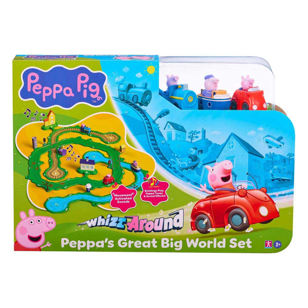 Gear2play peppa pig suser rundt - peppas store vide verden legesæt - modulopbygget bane til sus rundt i køretøjer - interaktiv med musik og lyd