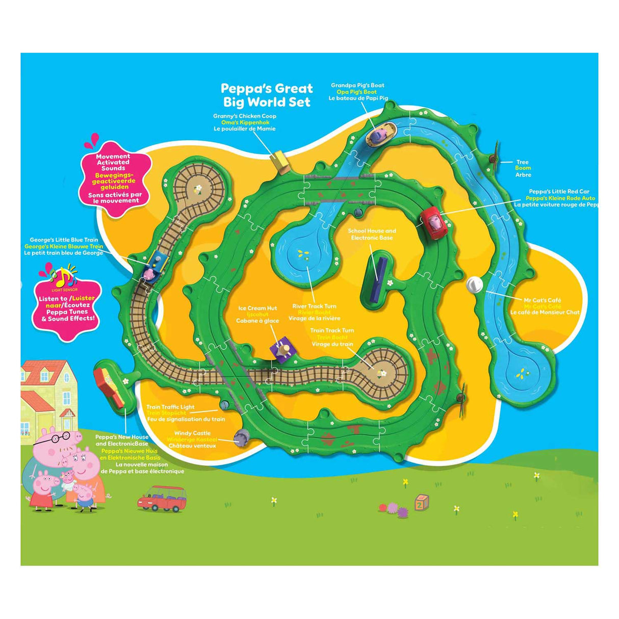 Gear2play peppa pig suser rundt - peppas store vide verden legesæt - modulopbygget bane til sus rundt i køretøjer - interaktiv med musik og lyd