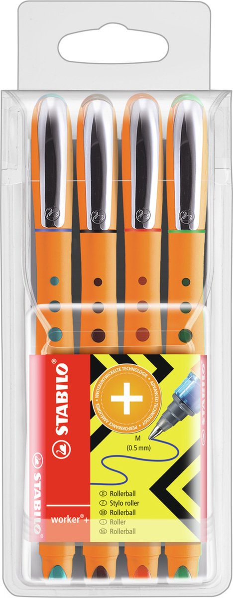 Stabilo worker - rollerball - medium 0,5 mm - kuffert med 4 farver