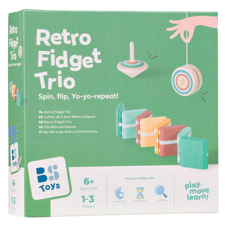 Bs toys retro fidget trio - houten speelgoed vanaf 6 jaar - 3-delige fidget set met houten jojo yoyo, houten tol en jacob's ladder - kinderspeelgoed voor 1-3 spelers - klein cadeautje voor thuis, onderweg en klas - oefenen ontspannen