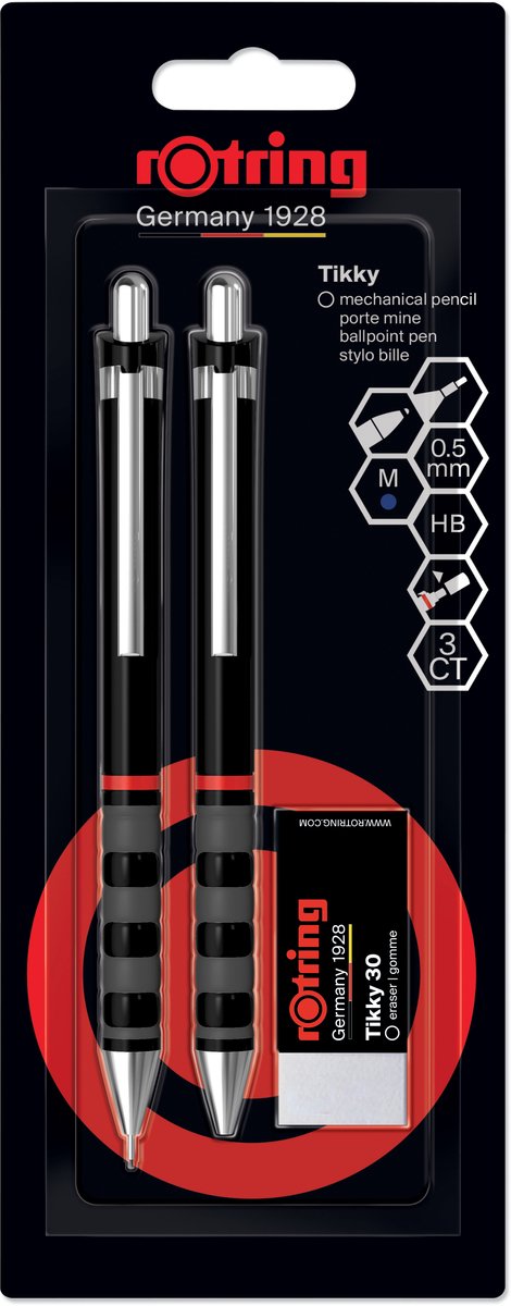 Rotring tikky mekanisk blyant, kuglepen og viskelædersæt | grafit hb, 0,5 mm blyant | medium punkt pen | sort ærme | letvægts med gummigreb