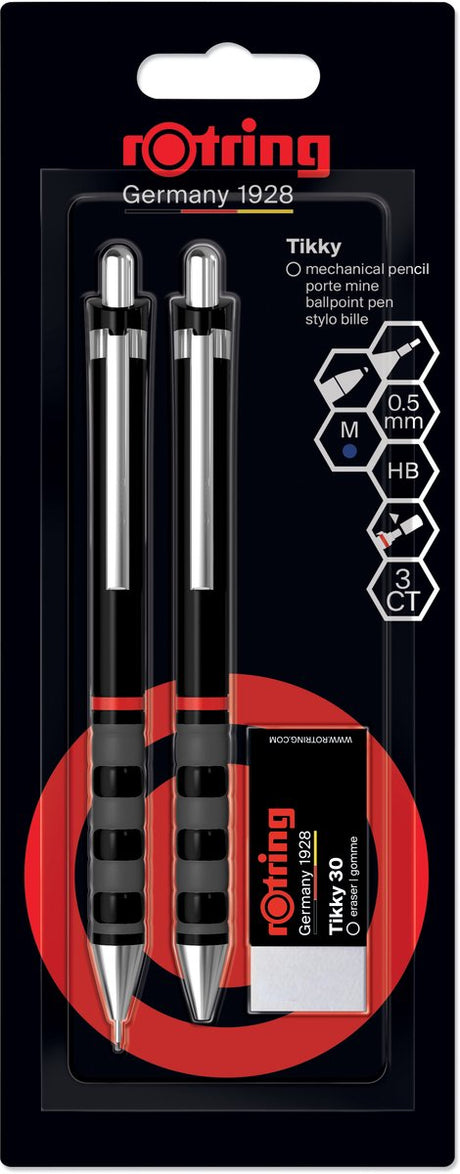 Rotring tikky mekanisk blyant, kuglepen og viskelædersæt | grafit hb, 0,5 mm blyant | medium punkt pen | sort ærme | letvægts med gummigreb