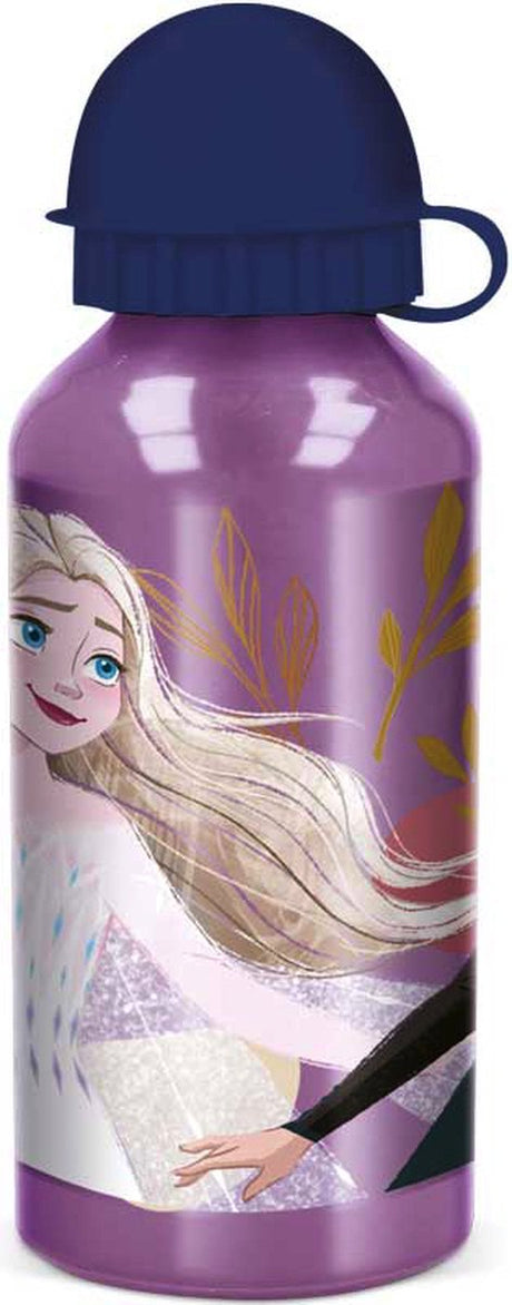 Stor Disneys Frozen II drikkedunk i aluminium - 400 ml - letvægts - lækagesikker skruelåg - drikkedunk til børn - lilla mørkeblå