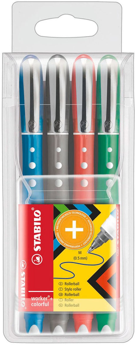 Stabilo worker+ farverig - kuglepen 0,5 mm - sort, blå, grøn rød - etui med 4 farver