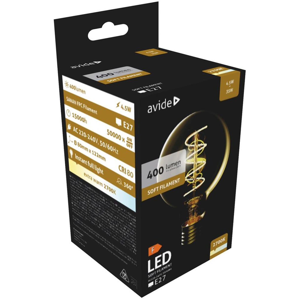 Avide LED-lampe blød glødetråd 4,5w, E27-fitting, 2700 kelvin, 400 lumen