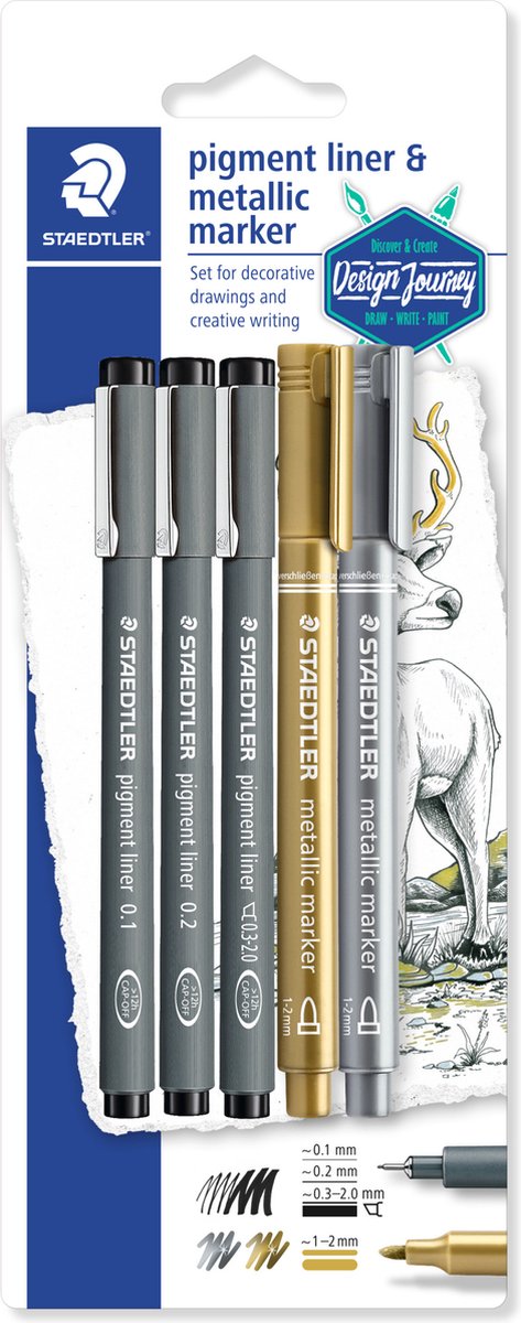 Staedtler designrejse - pigment liner sæt 3 stykker + 2 metalliske tuscher