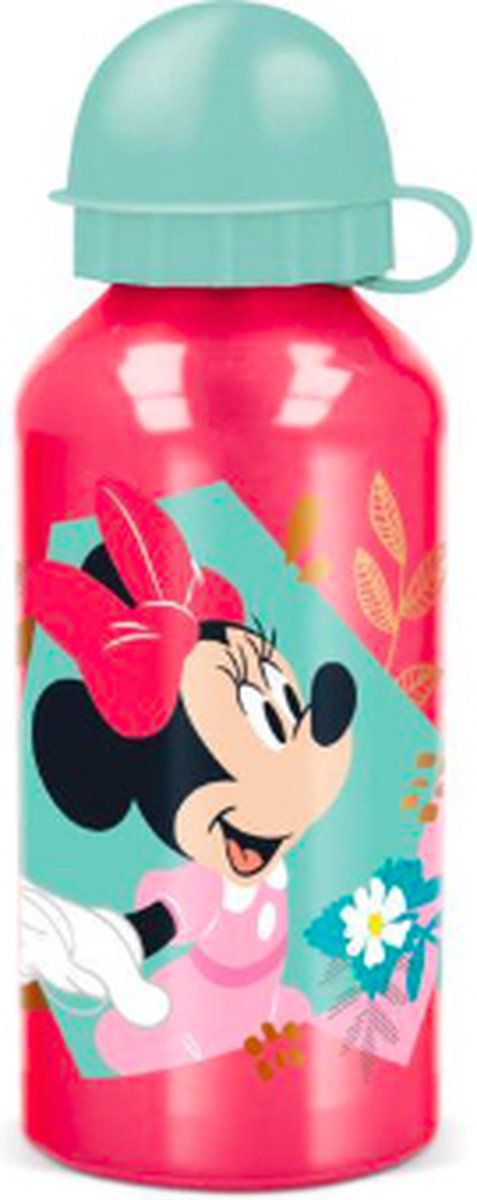 Stor Disneys Minnie Mouse aluminiums drikkeflaske - 400 ml - letvægts - lækagesikker skruelåg - drikkedunk til børn - rød mintgrøn