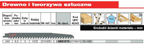 Milwaukee tilbehør frem- og tilbagegående savklinge | 240 8,5 | 3 styk - 48001078