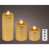 Lumineo 3-delig realistische led kaars met wax pit en vlam effect ã˜7.5 hoogte 9,5-13,5-20cm goud met timer werkt op afstandsbediening en batterij
