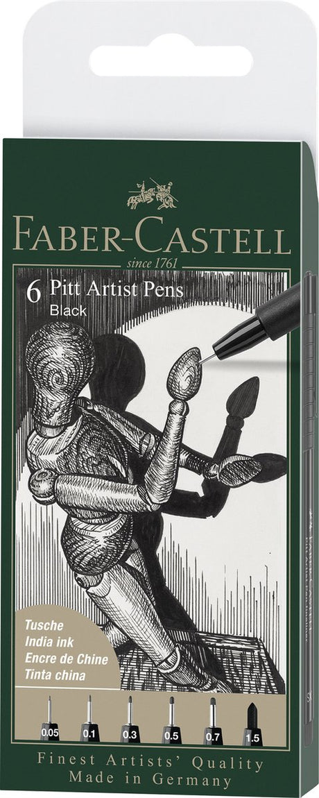Faber-castell tegnepen - fineliners - pitt artist pen - sort - 6-delt æske linjebredde xxs, xs, s, f, m, 1,5 - fc-167154