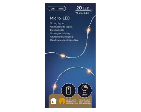 Lumineo micro led streng zilver klassiek warm 95cm-20l op batterij met timer